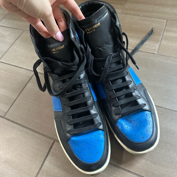 YSL Saint Laurent Men's Black and Blue High-Top Sneakers - Picture 1 of 6